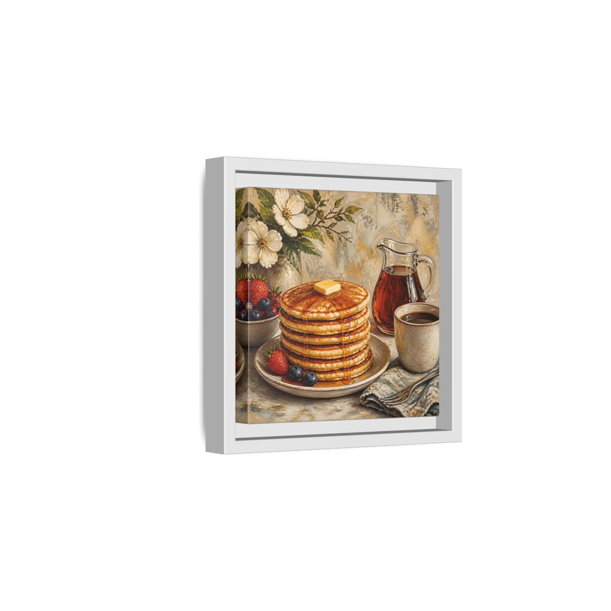 Side Mockup 1. Nature Pancakes Warm Breakfast Scene shown as stretched canvas wall art