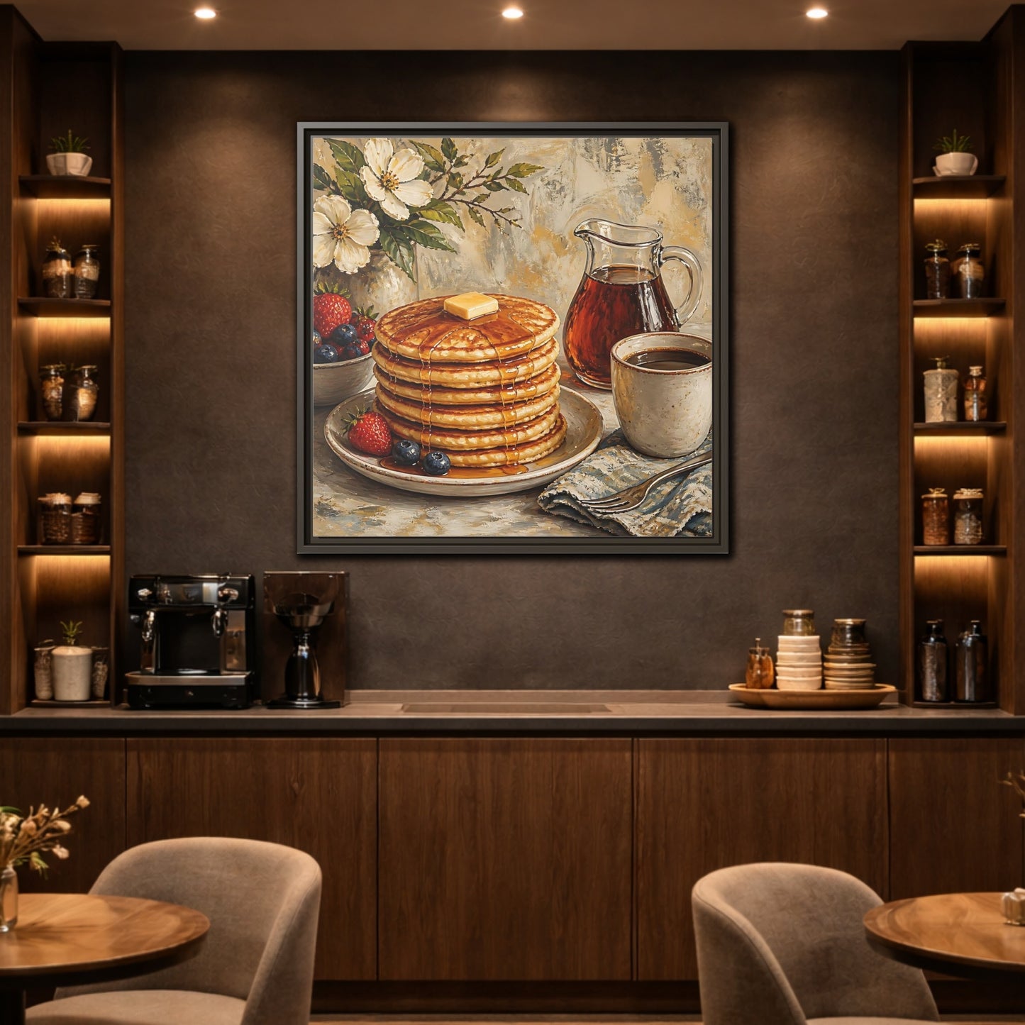 Mockup 2. Nature Pancakes Warm Breakfast Scene shown as stretched canvas wall art