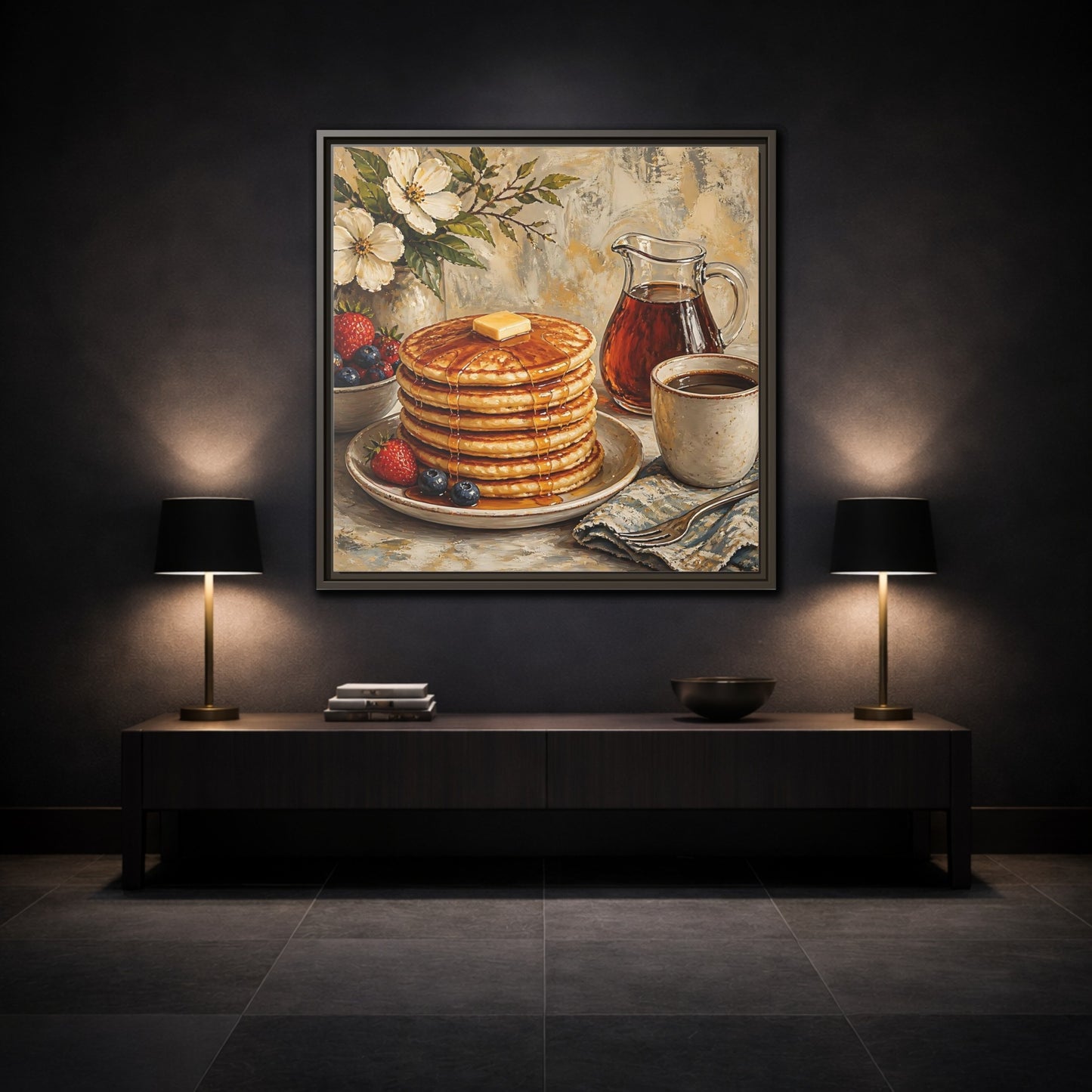 Mockup 3. Nature Pancakes Warm Breakfast Scene shown as stretched canvas wall art