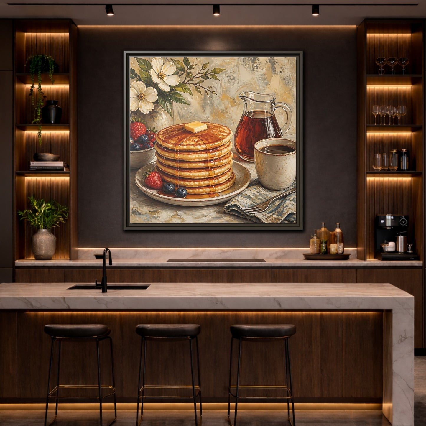 Mockup 4. Nature Pancakes Warm Breakfast Scene shown as stretched canvas wall art