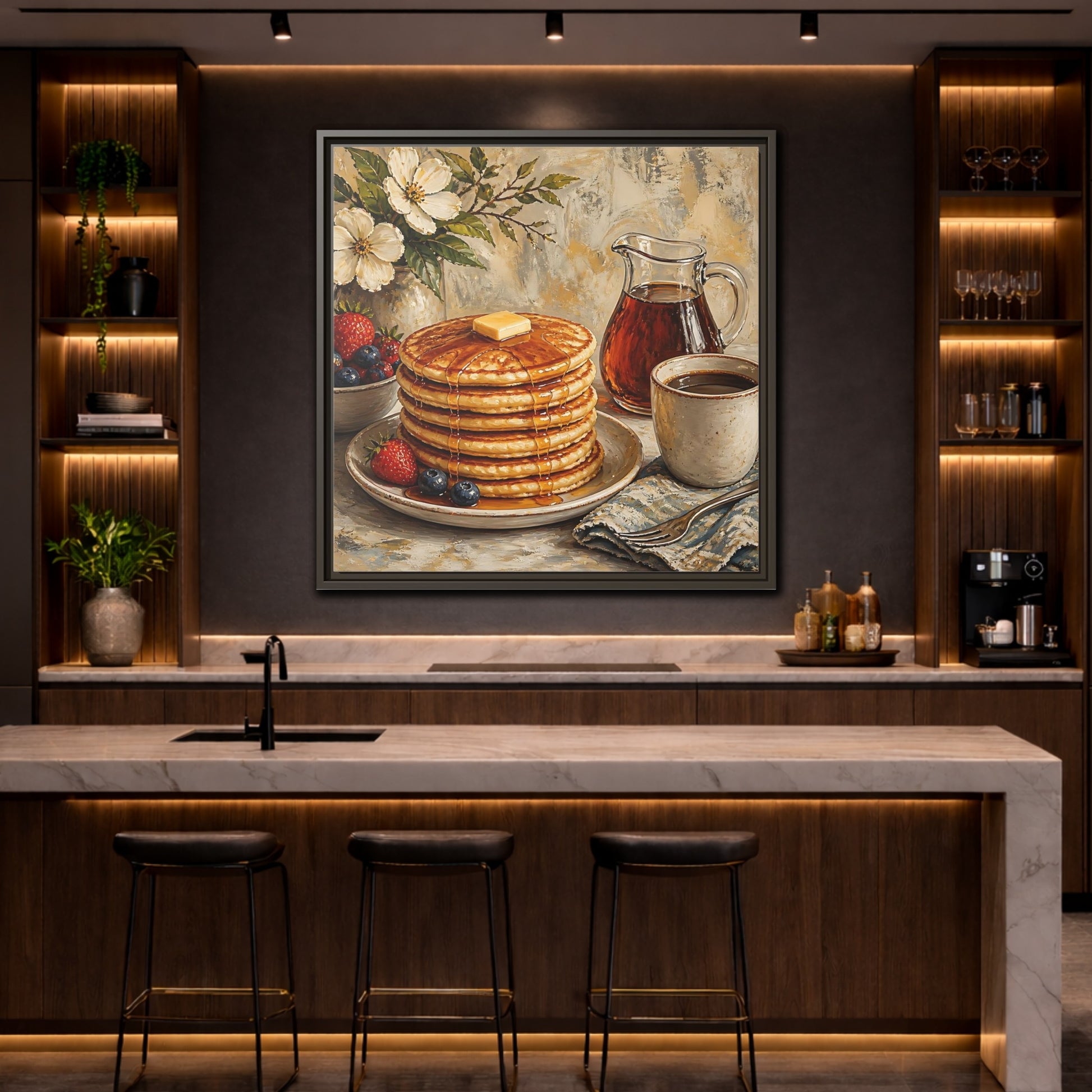 Mockup 4. Nature Pancakes Warm Breakfast Scene shown as stretched canvas wall art