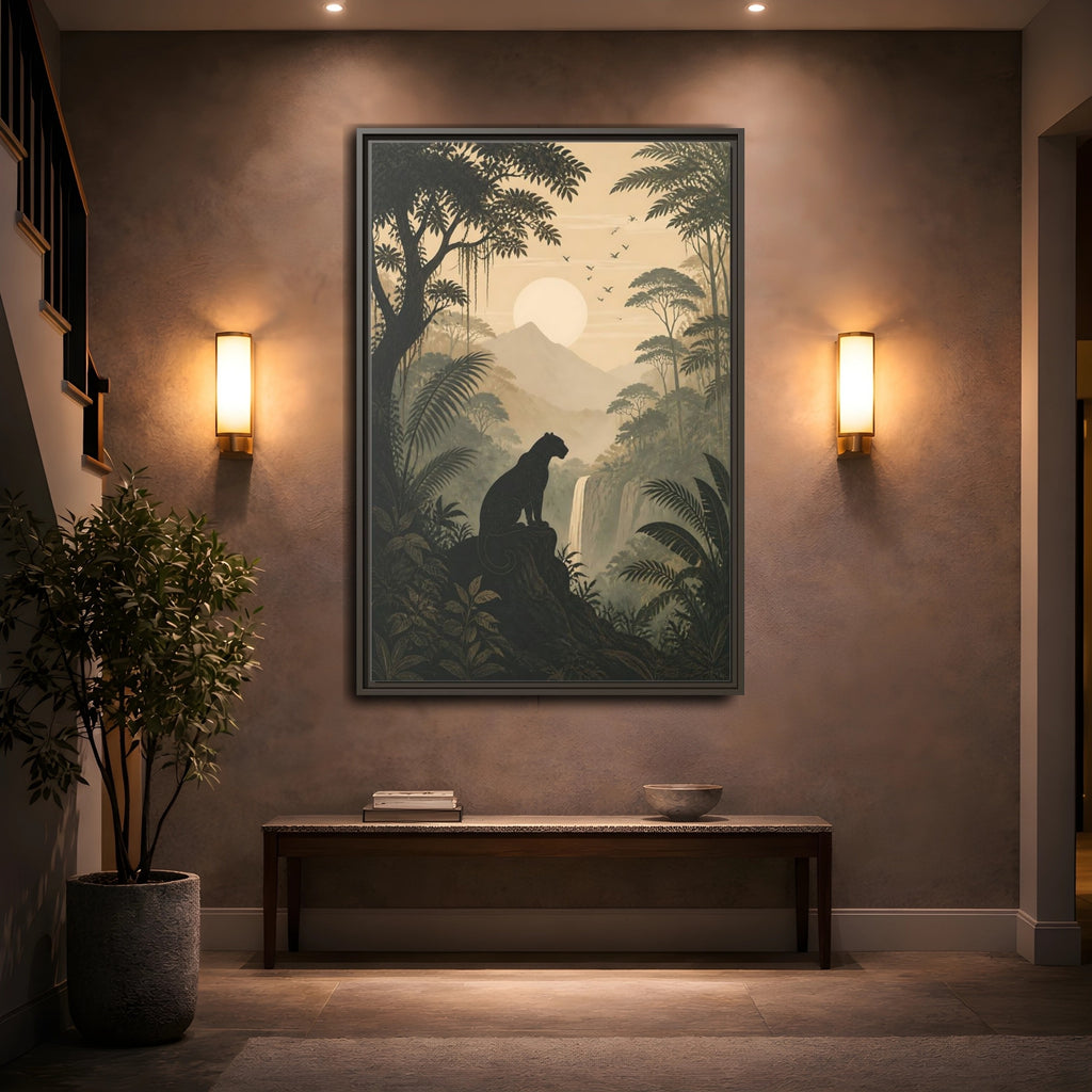 Mockup 2. Nature Panther Dark Green And Gold shown as stretched canvas wall art