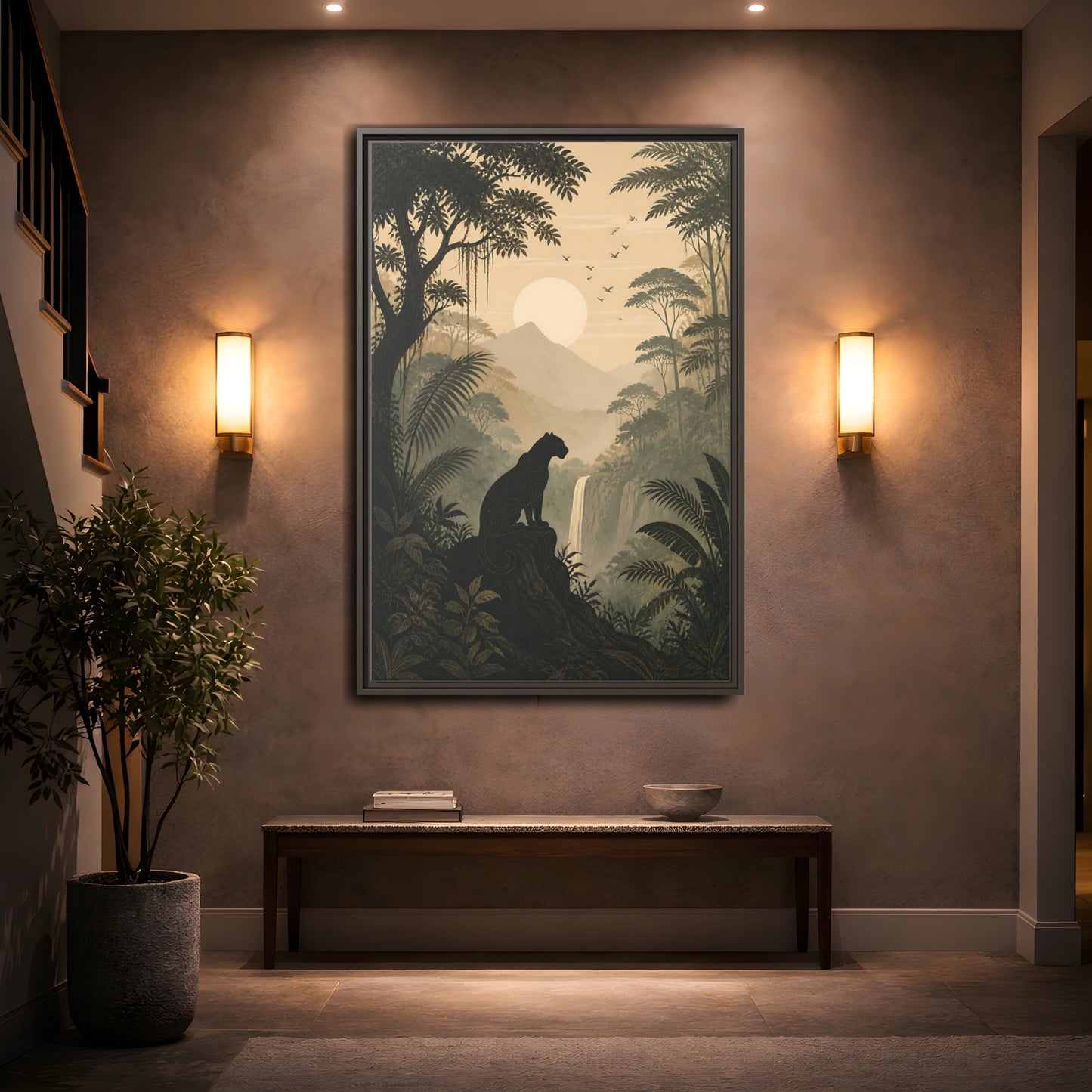 Mockup 2. Nature Panther Dark Green And Gold shown as stretched canvas wall art