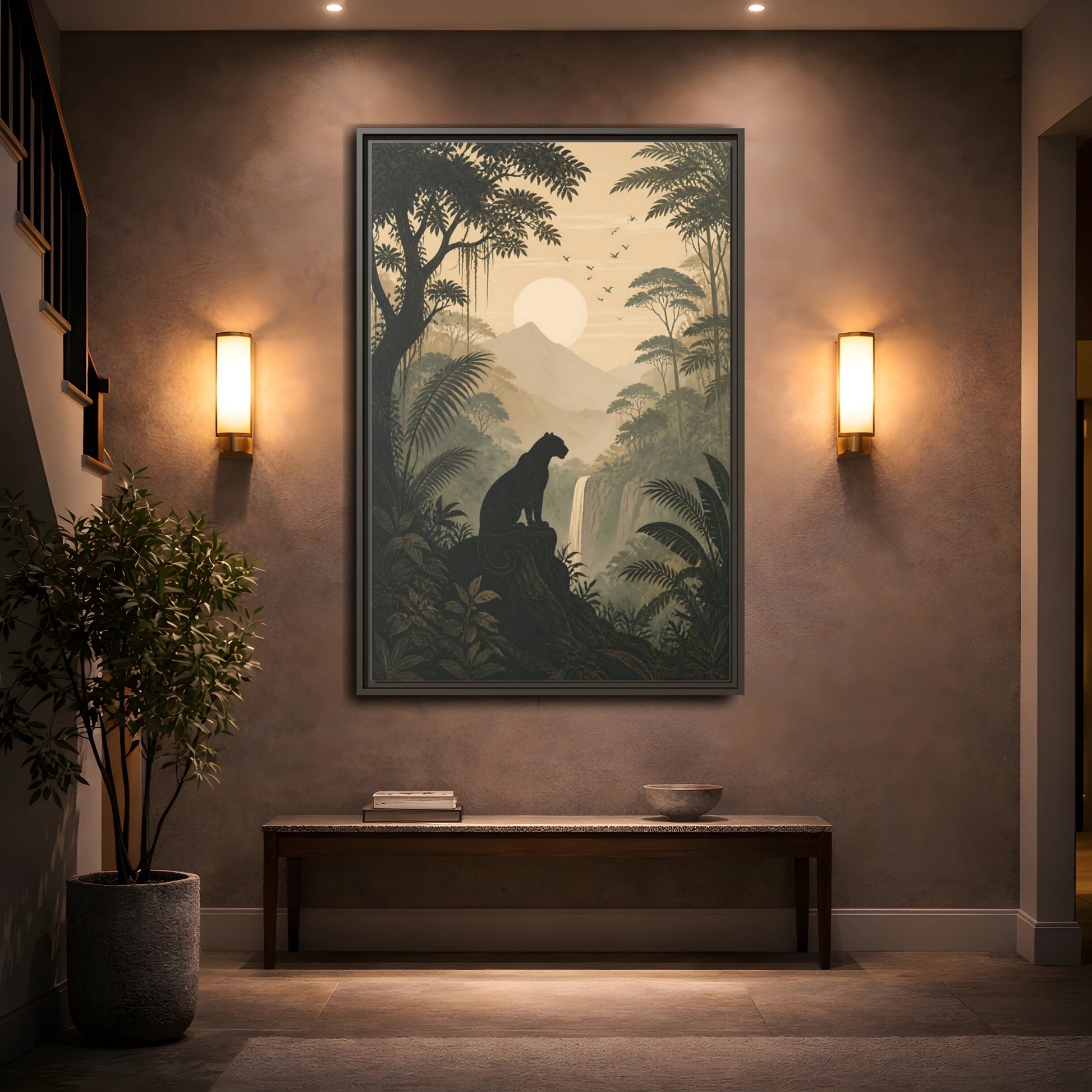 Mockup 2. Nature Panther Dark Green And Gold shown as stretched canvas wall art