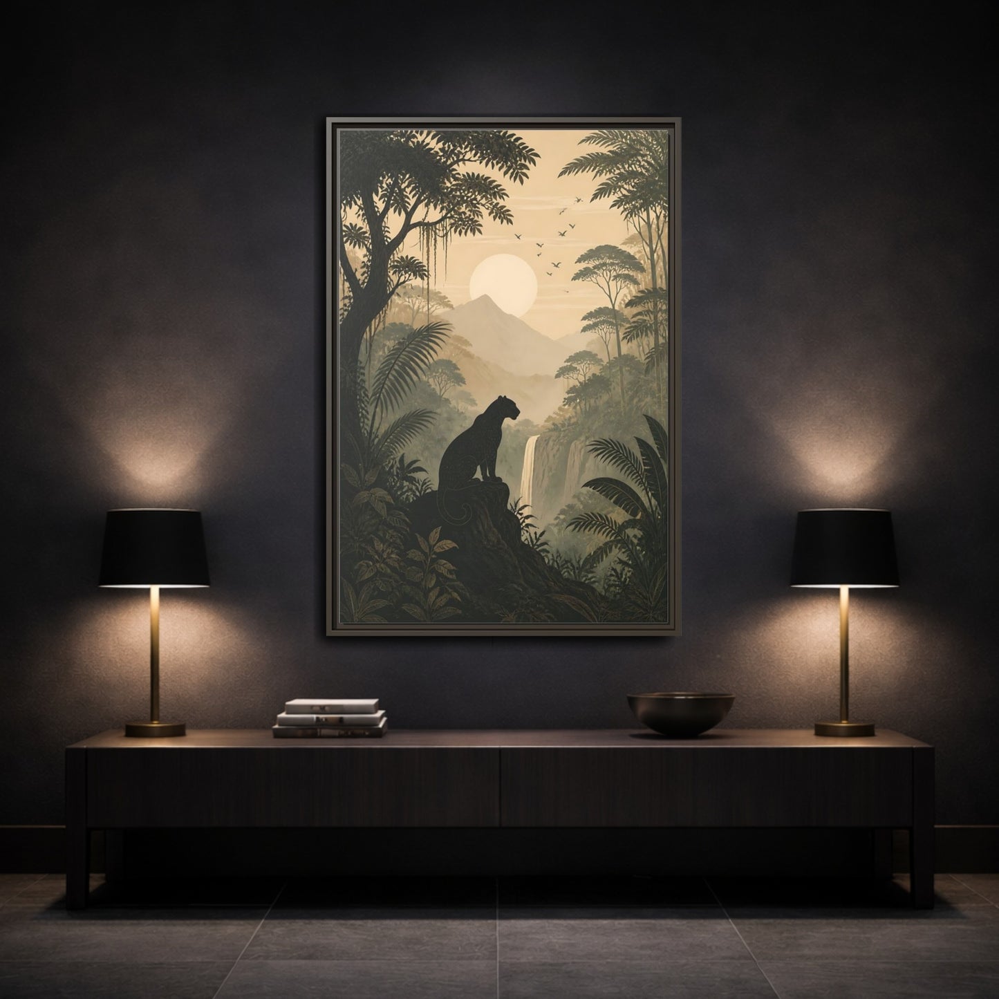 Mockup 3. Nature Panther Dark Green And Gold shown as stretched canvas wall art