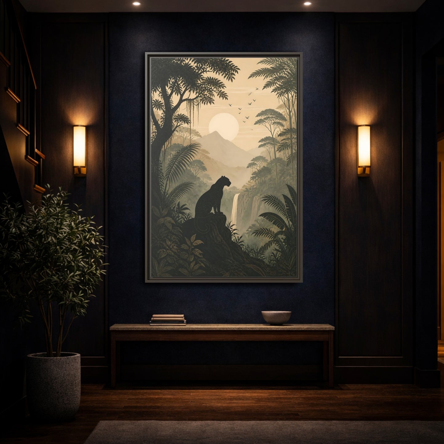Mockup 4. Nature Panther Dark Green And Gold shown as stretched canvas wall art