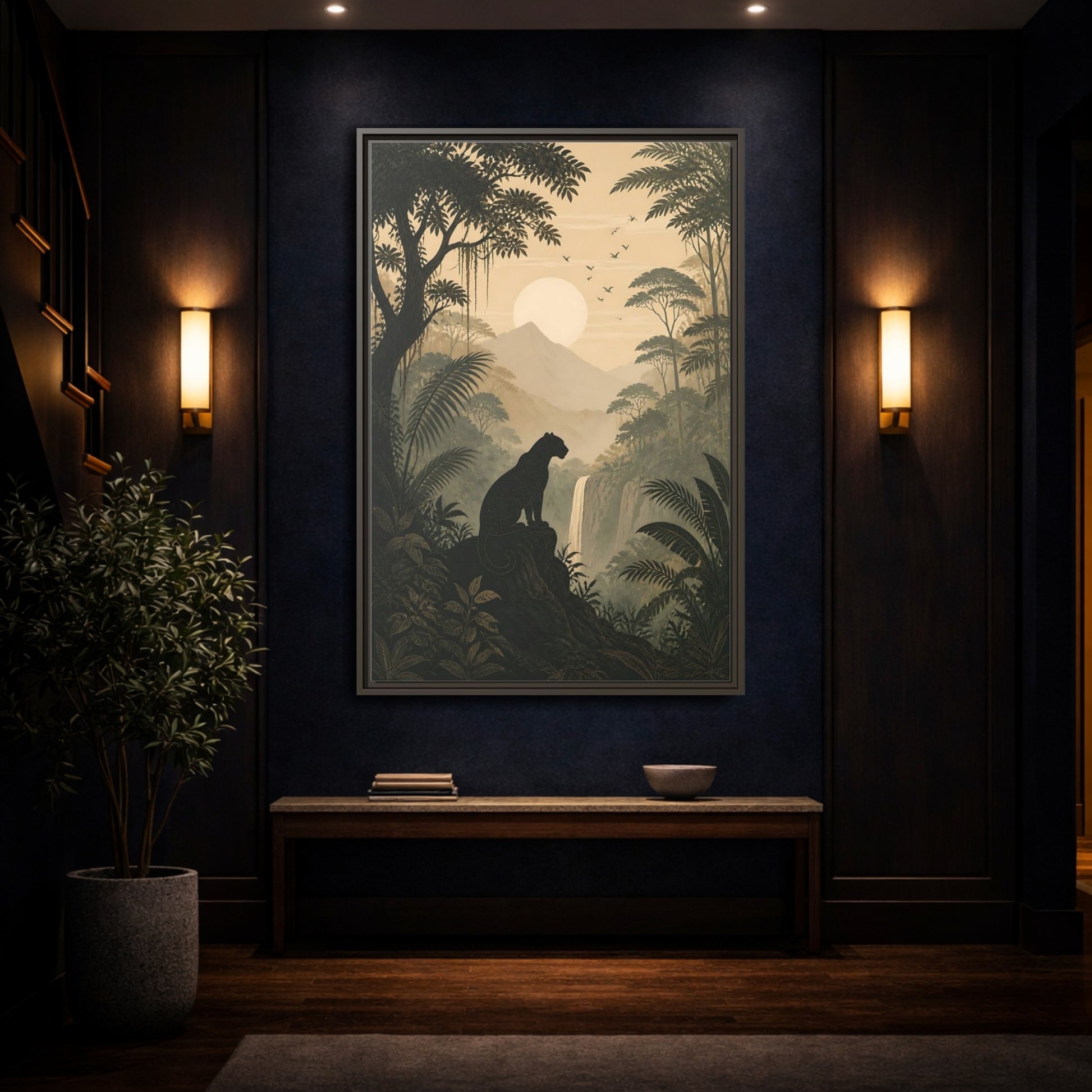 Mockup 4. Nature Panther Dark Green And Gold shown as stretched canvas wall art