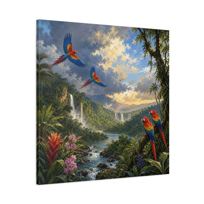 Main Mockup. Nature Parrots Tropical Jungle Landscape shown as stretched canvas wall art