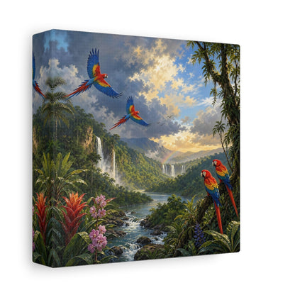 Side Mockup 2. Nature Parrots Tropical Jungle Landscape shown as stretched canvas wall art