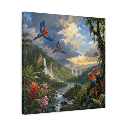 Side Mockup 5. Nature Parrots Tropical Jungle Landscape shown as stretched canvas wall art