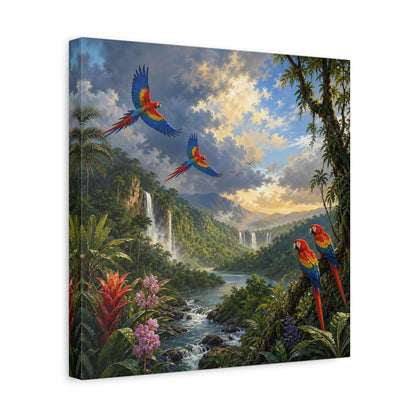 Side Mockup 7. Nature Parrots Tropical Jungle Landscape shown as stretched canvas wall art