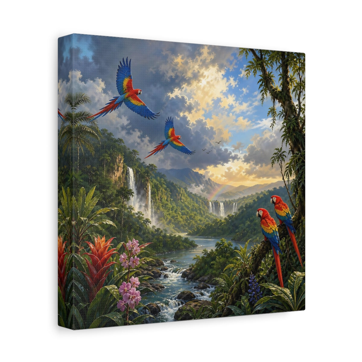 Side Mockup 9. Nature Parrots Tropical Jungle Landscape shown as stretched canvas wall art
