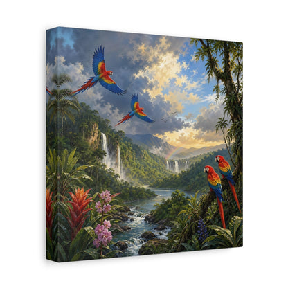 Side Mockup 9. Nature Parrots Tropical Jungle Landscape shown as stretched canvas wall art