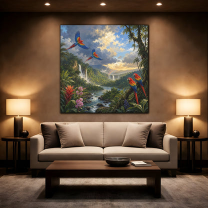 Mockup 2. Nature Parrots Tropical Jungle Landscape shown as stretched canvas wall art