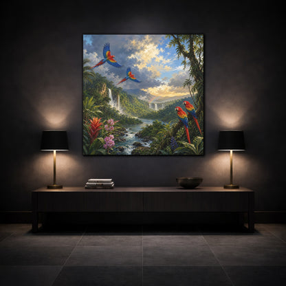 Mockup 3. Nature Parrots Tropical Jungle Landscape shown as stretched canvas wall art