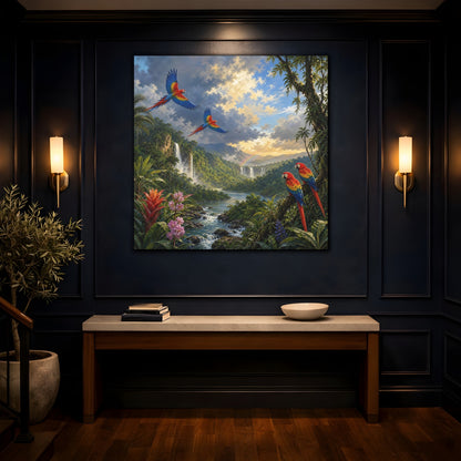 Mockup 4. Nature Parrots Tropical Jungle Landscape shown as stretched canvas wall art