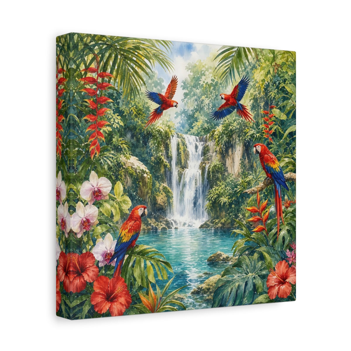 Side Mockup 9. Nature Parrots, Waterfall Tropical Jungle shown as stretched canvas wall art