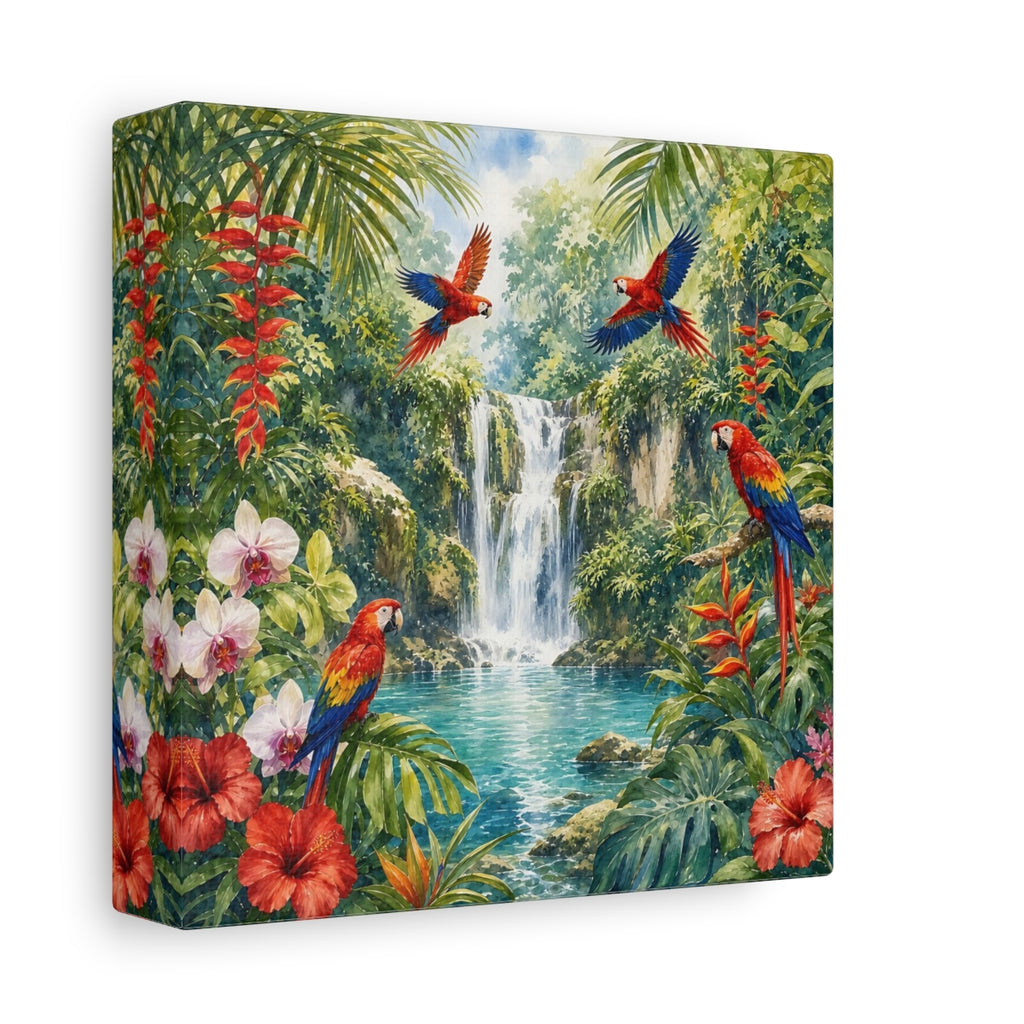 Side Mockup 2. Nature Parrots, Waterfall Tropical Jungle shown as stretched canvas wall art