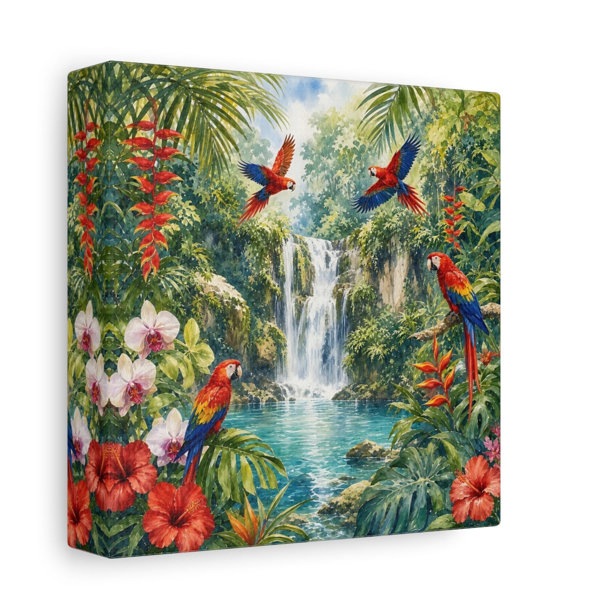 Side Mockup 2. Nature Parrots, Waterfall Tropical Jungle shown as stretched canvas wall art