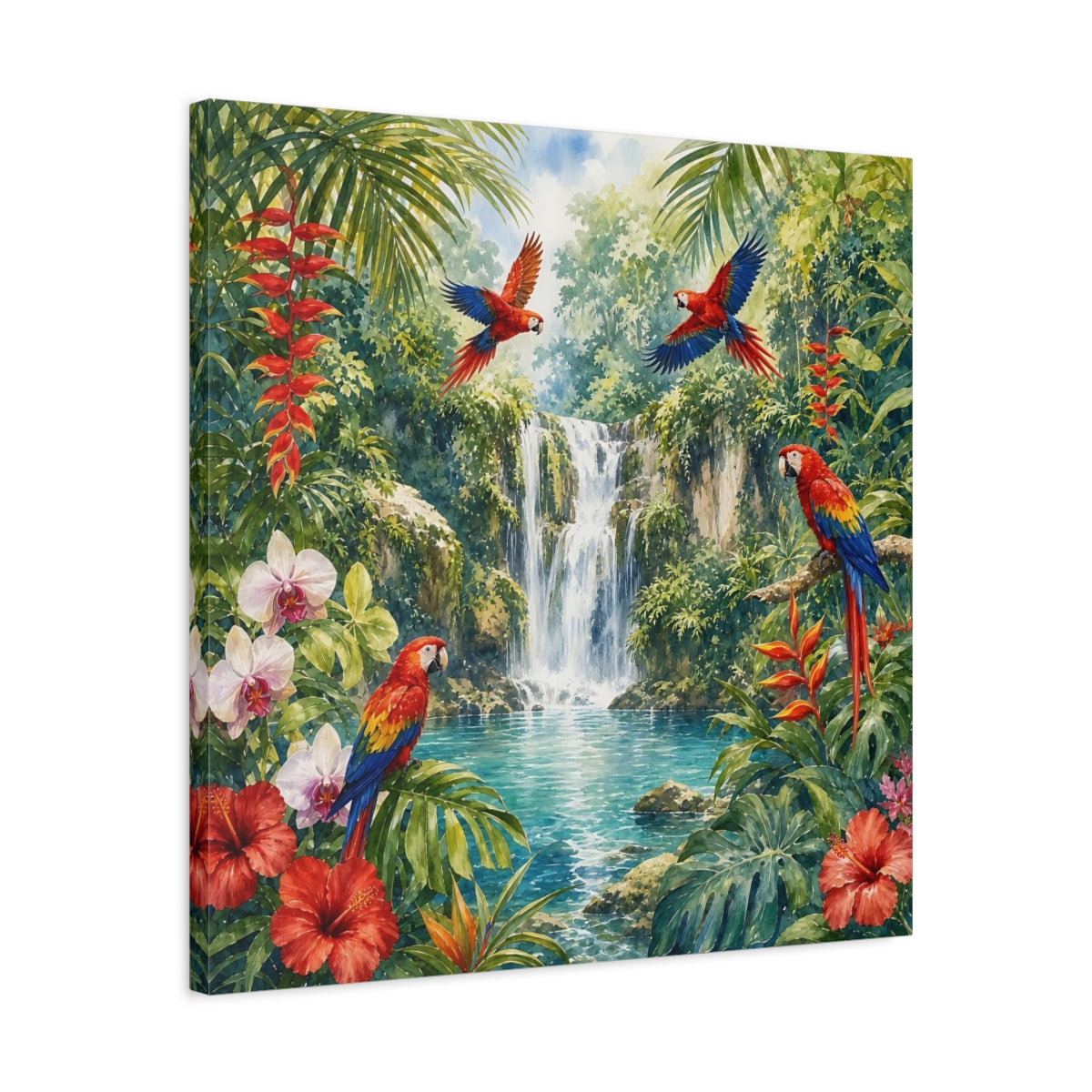 Side Mockup 4. Nature Parrots, Waterfall Tropical Jungle shown as stretched canvas wall art