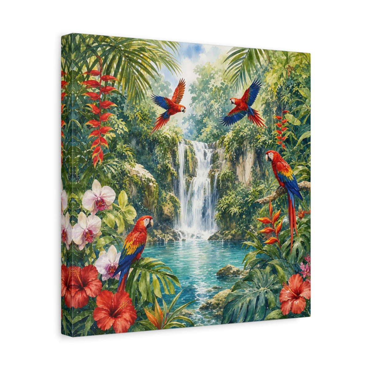 Side Mockup 7. Nature Parrots, Waterfall Tropical Jungle shown as stretched canvas wall art