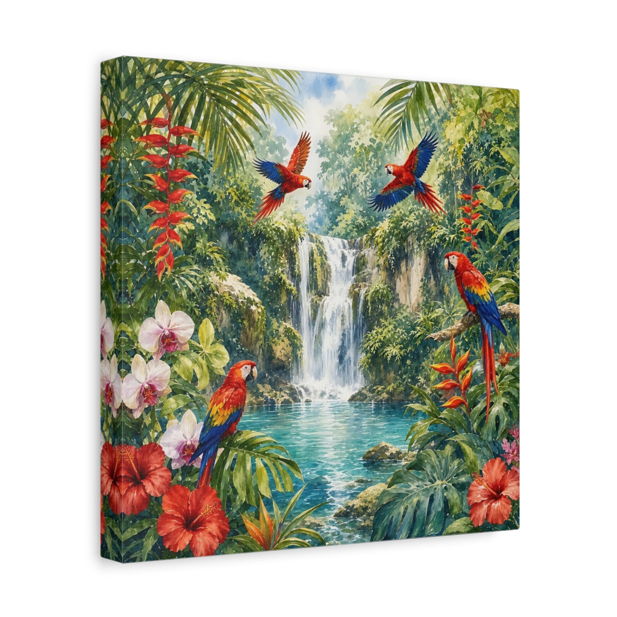 Side Mockup 8. Nature Parrots, Waterfall Tropical Jungle shown as stretched canvas wall art