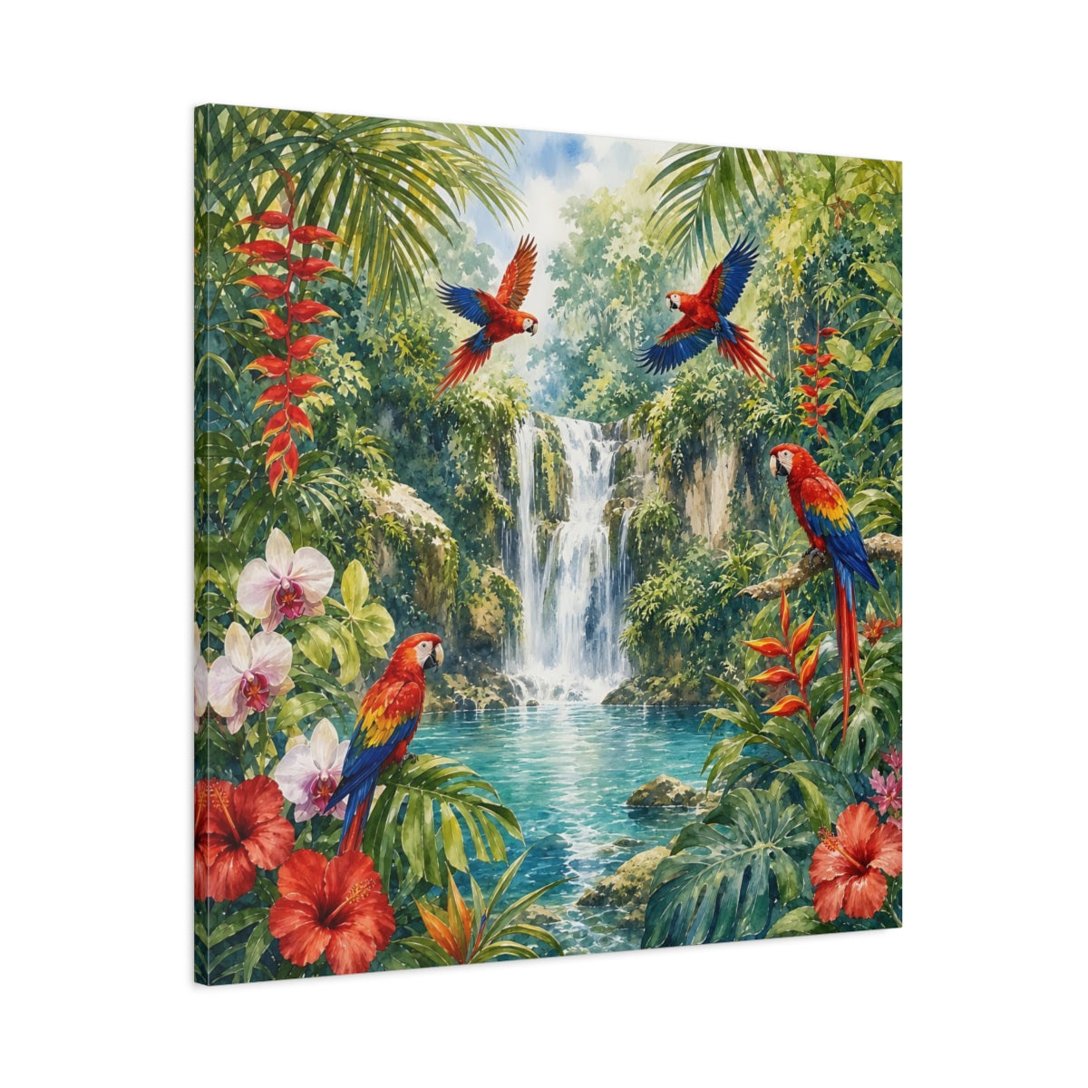 Main Mockup. Nature Parrots, Waterfall Tropical Jungle shown as stretched canvas wall art