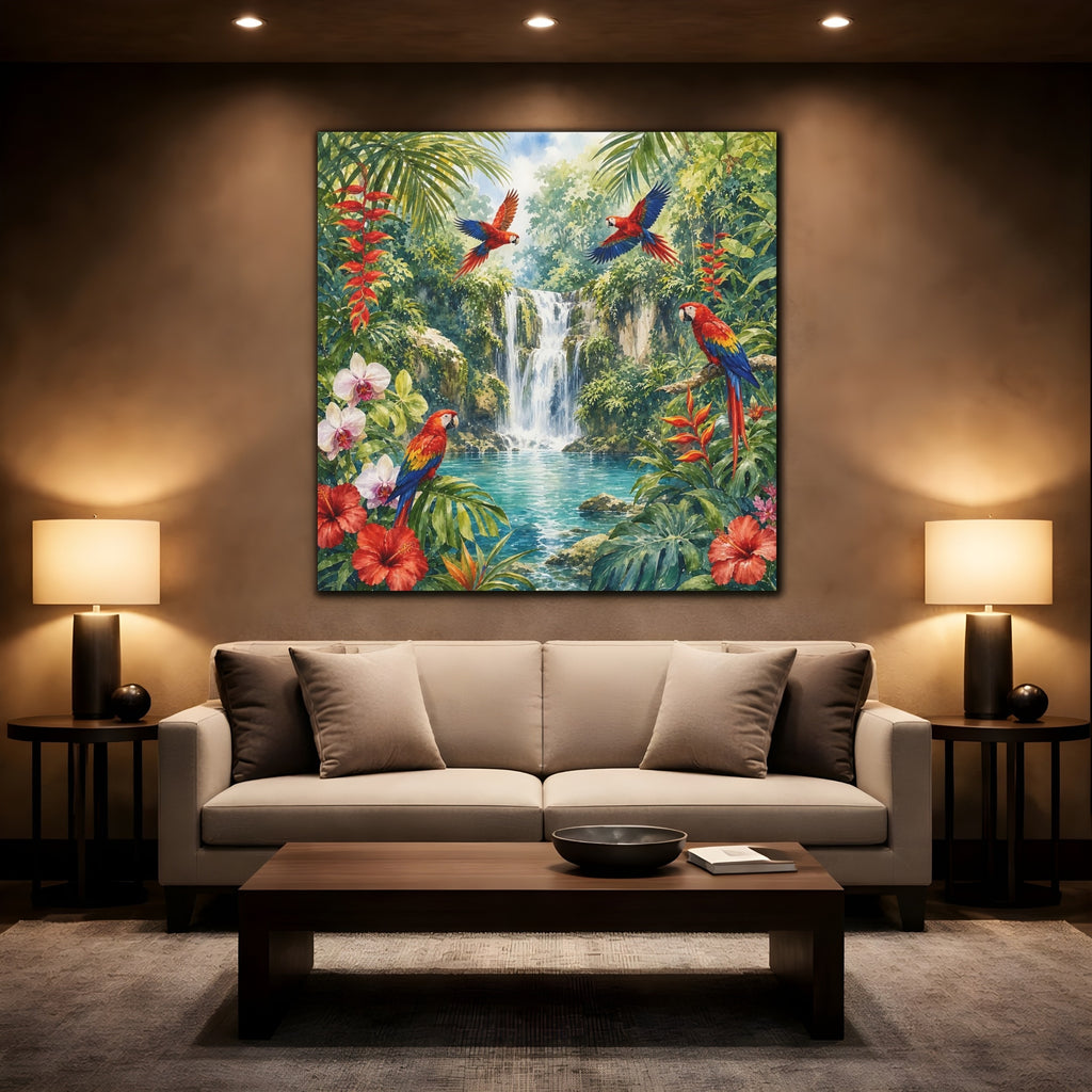 Mockup 2. Nature Parrots, Waterfall Tropical Jungle shown as stretched canvas wall art