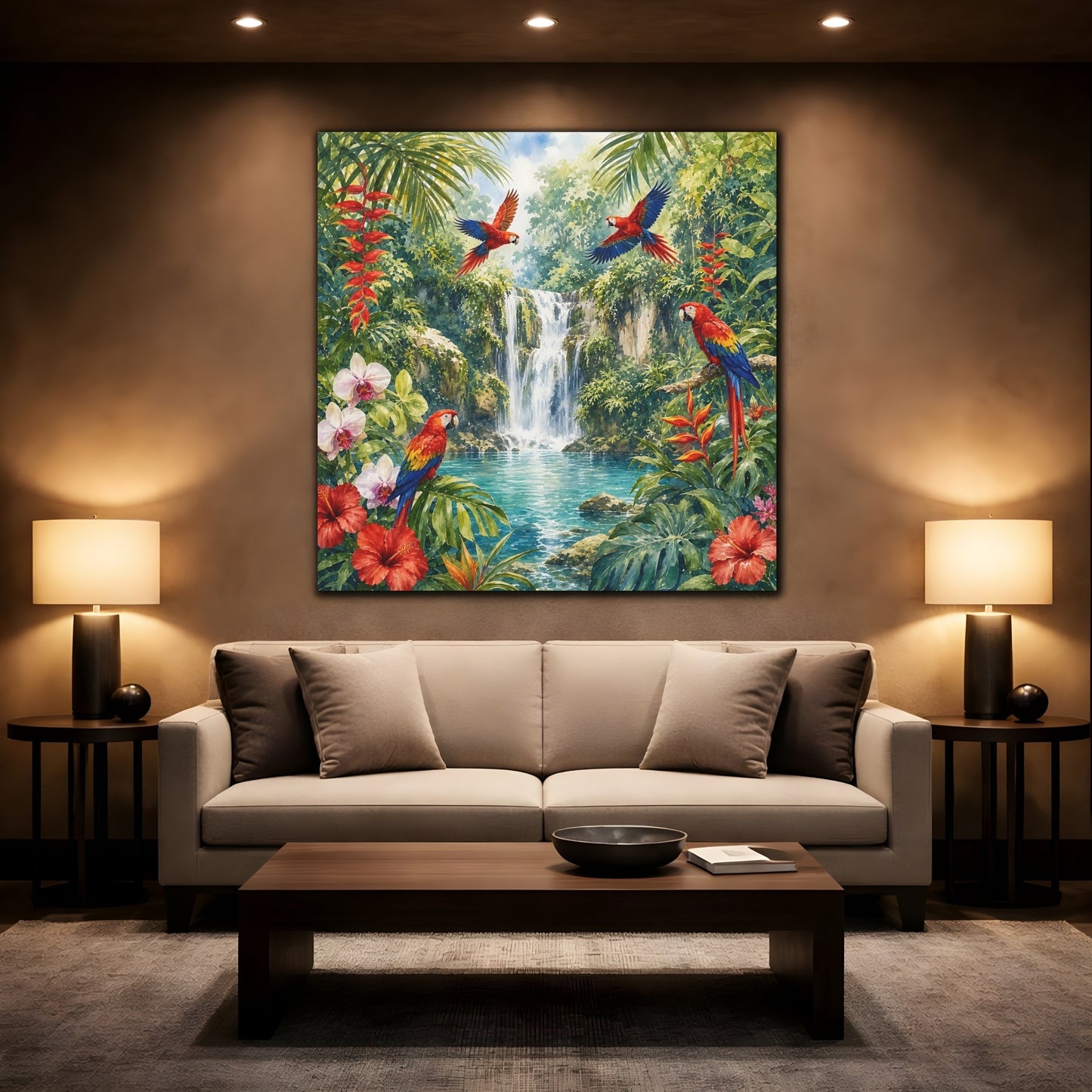 Mockup 2. Nature Parrots, Waterfall Tropical Jungle shown as stretched canvas wall art