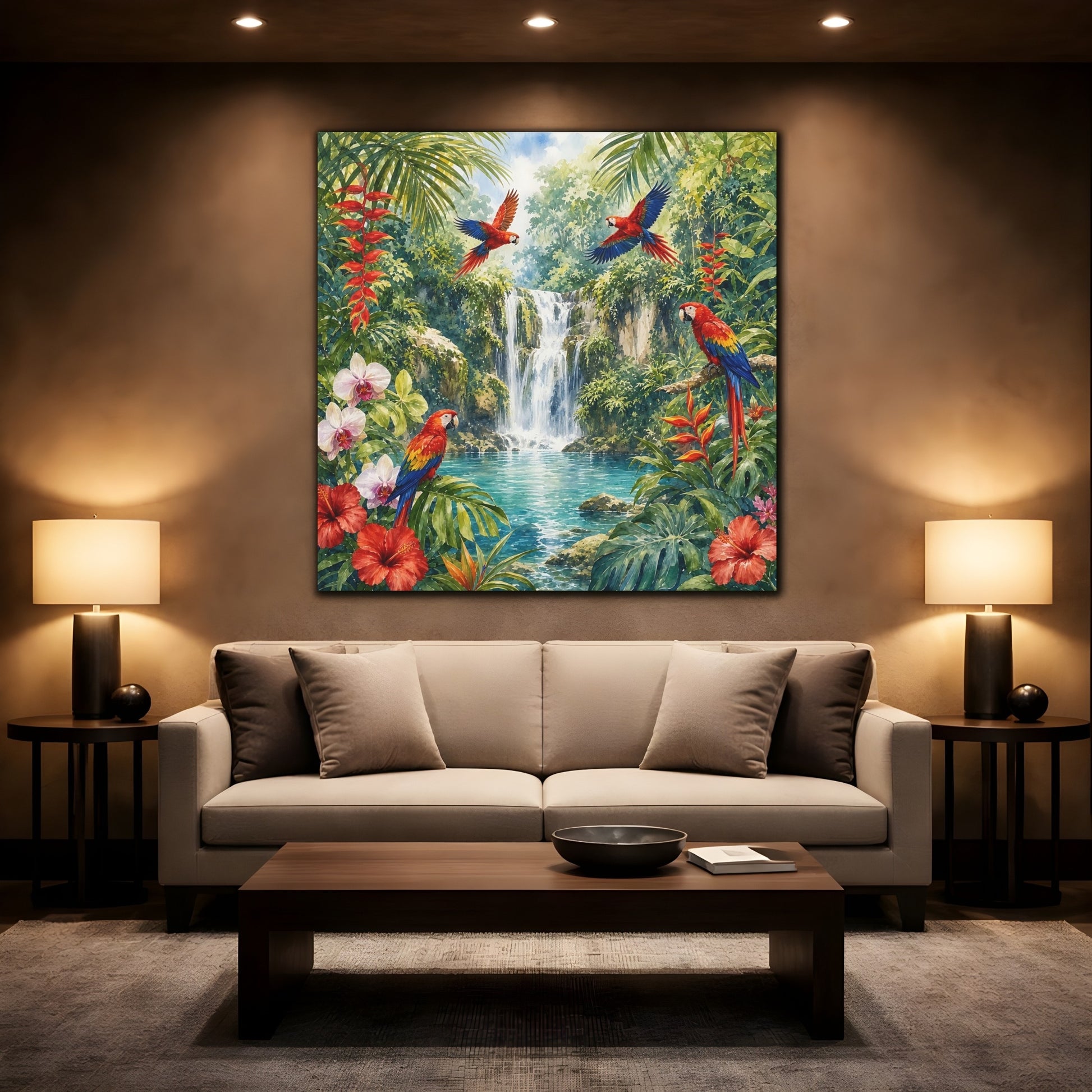 Mockup 2. Nature Parrots, Waterfall Tropical Jungle shown as stretched canvas wall art