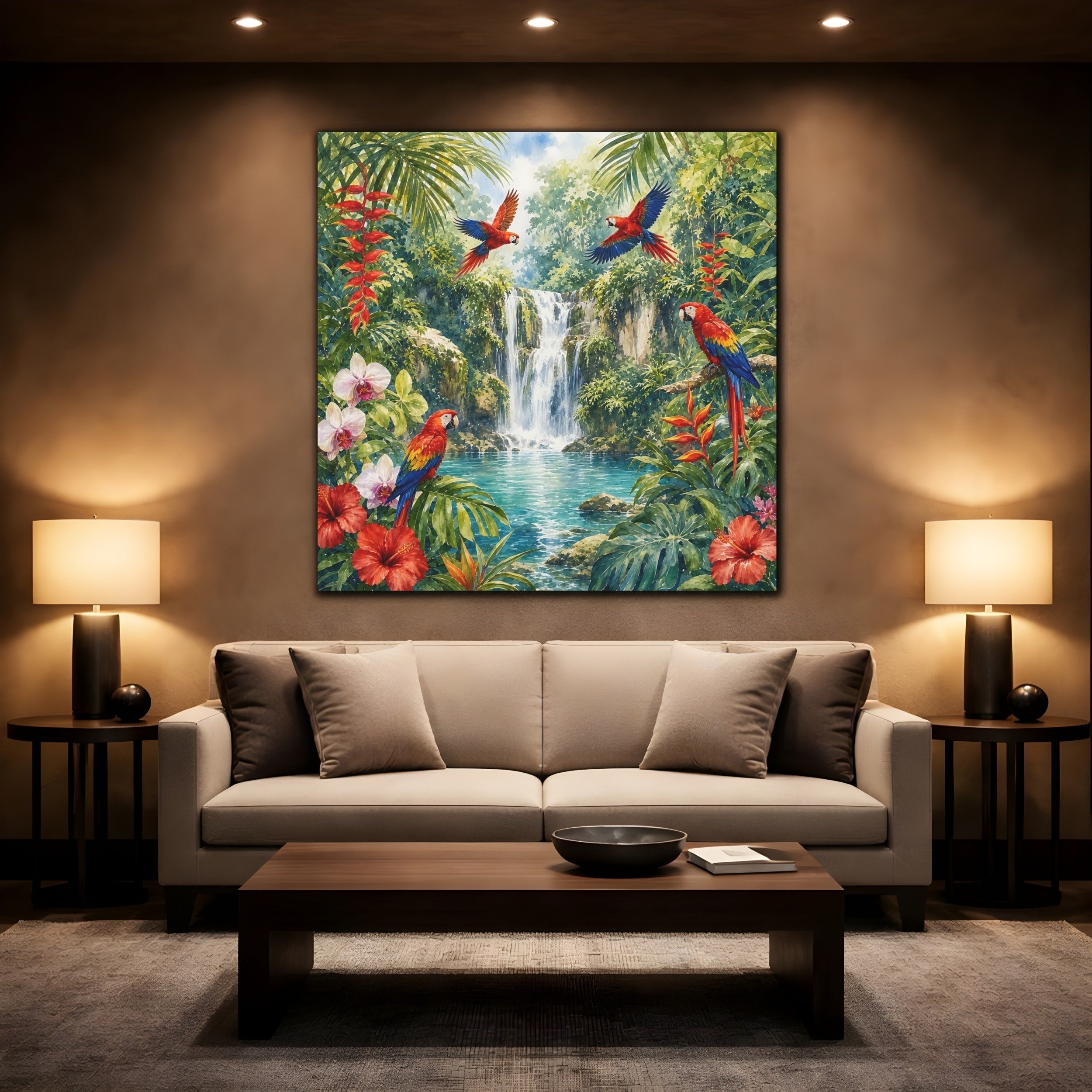 Mockup 2. Nature Parrots, Waterfall Tropical Jungle shown as stretched canvas wall art