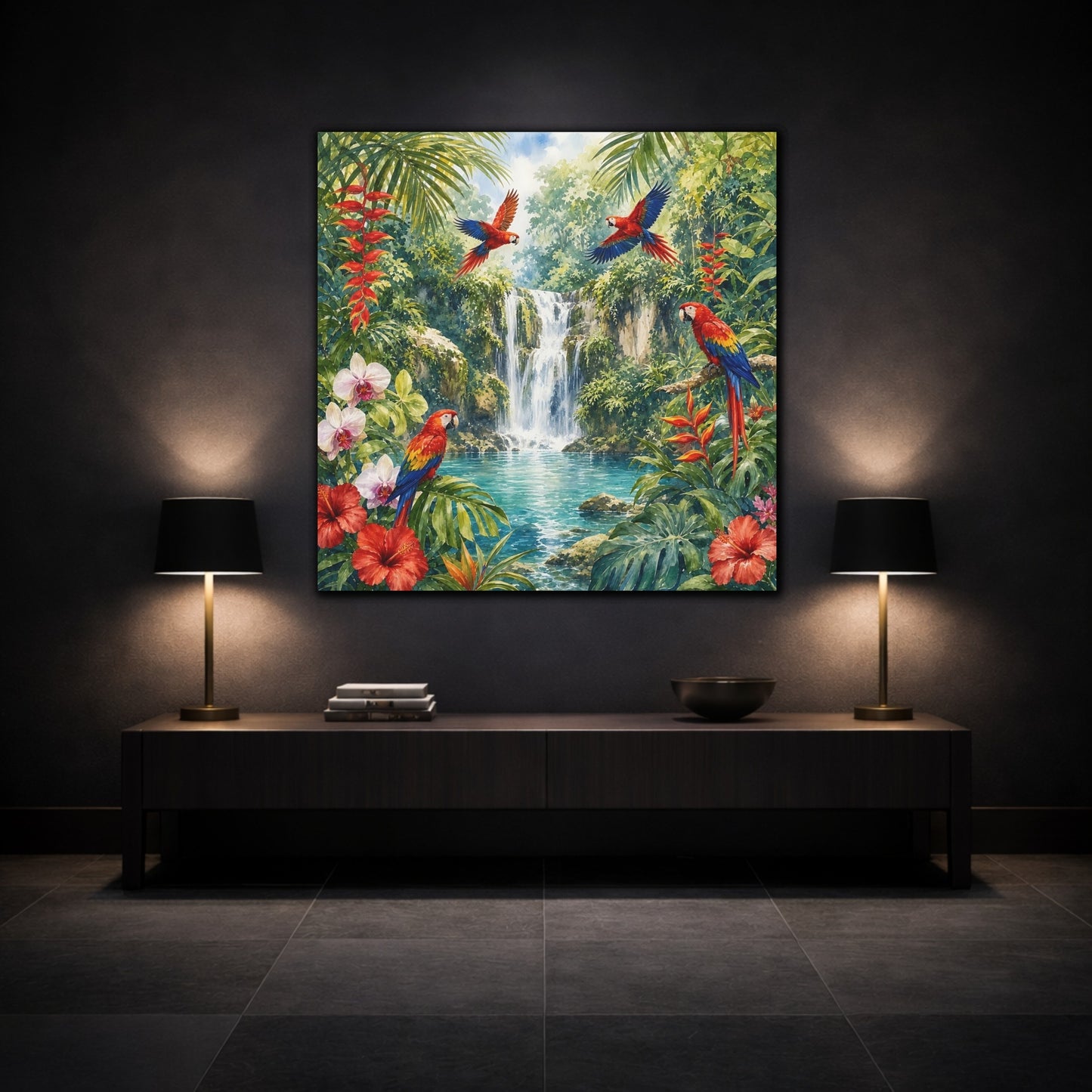 Mockup 3. Nature Parrots, Waterfall Tropical Jungle shown as stretched canvas wall art