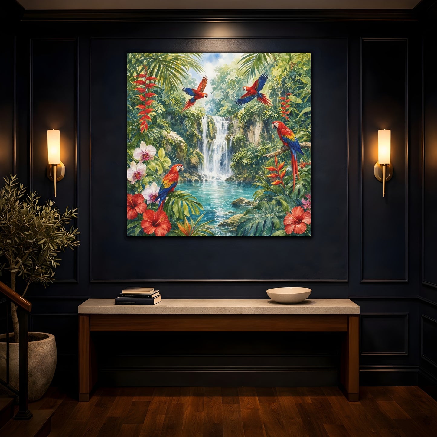 Mockup 4. Nature Parrots, Waterfall Tropical Jungle shown as stretched canvas wall art
