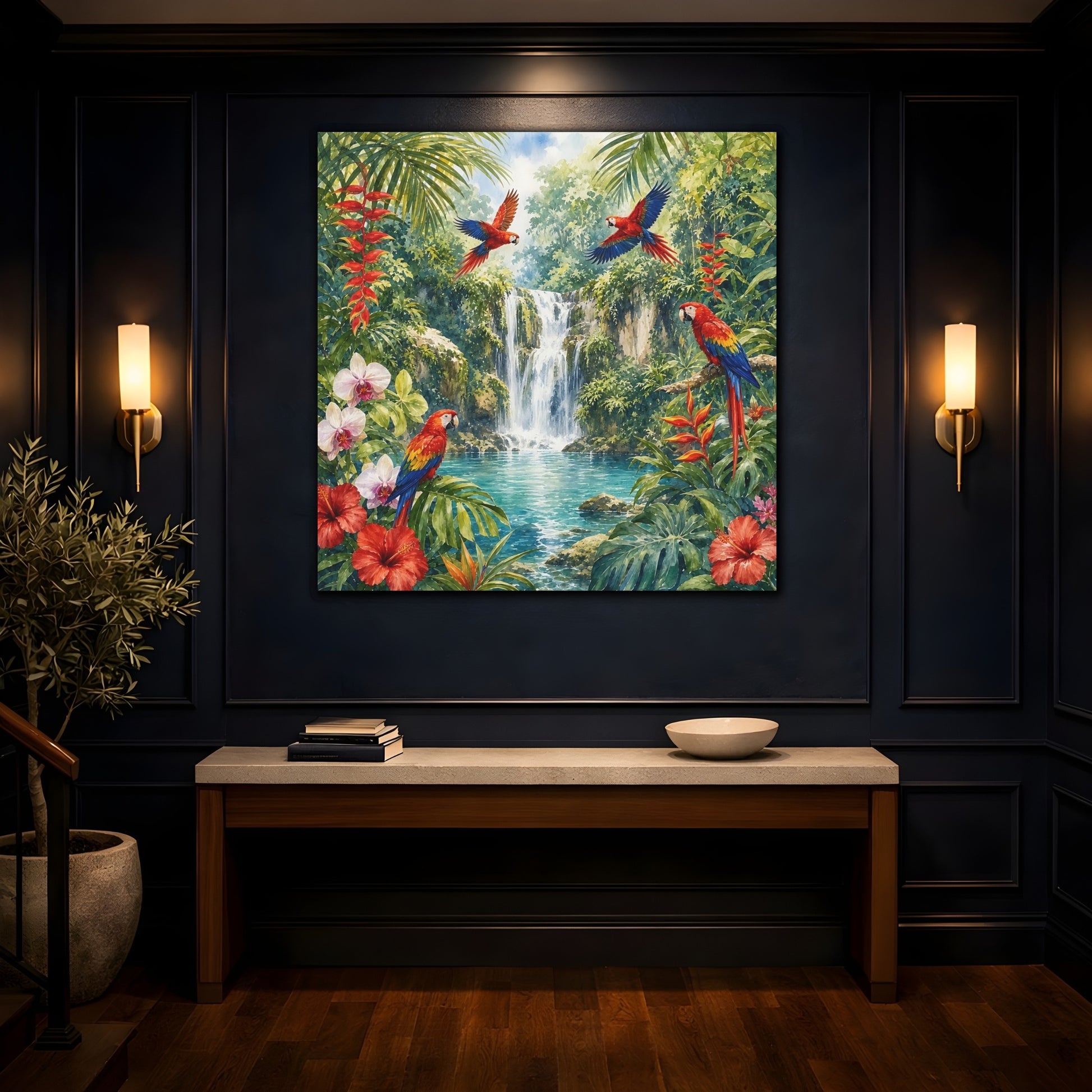 Mockup 4. Nature Parrots, Waterfall Tropical Jungle shown as stretched canvas wall art