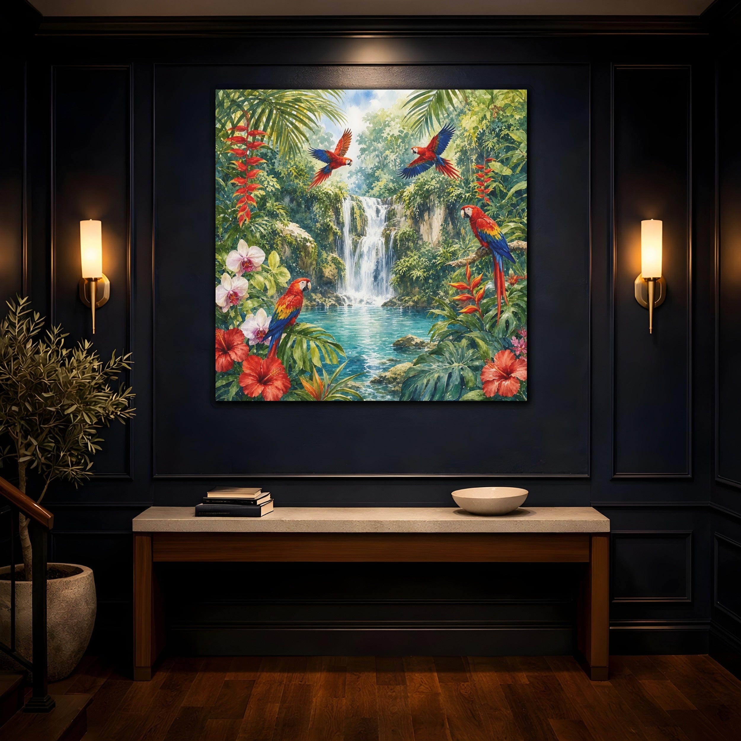 Mockup 4. Nature Parrots, Waterfall Tropical Jungle shown as stretched canvas wall art