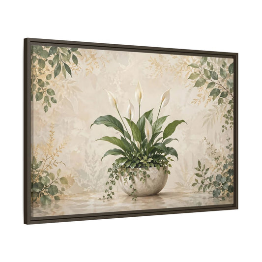 Main Mockup. Nature Peace Lily Green And Beige shown as stretched canvas wall art