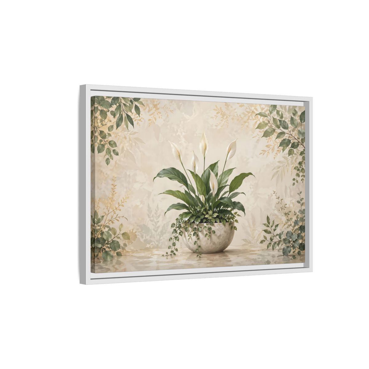 Side Mockup 1. Nature Peace Lily Green And Beige shown as stretched canvas wall art