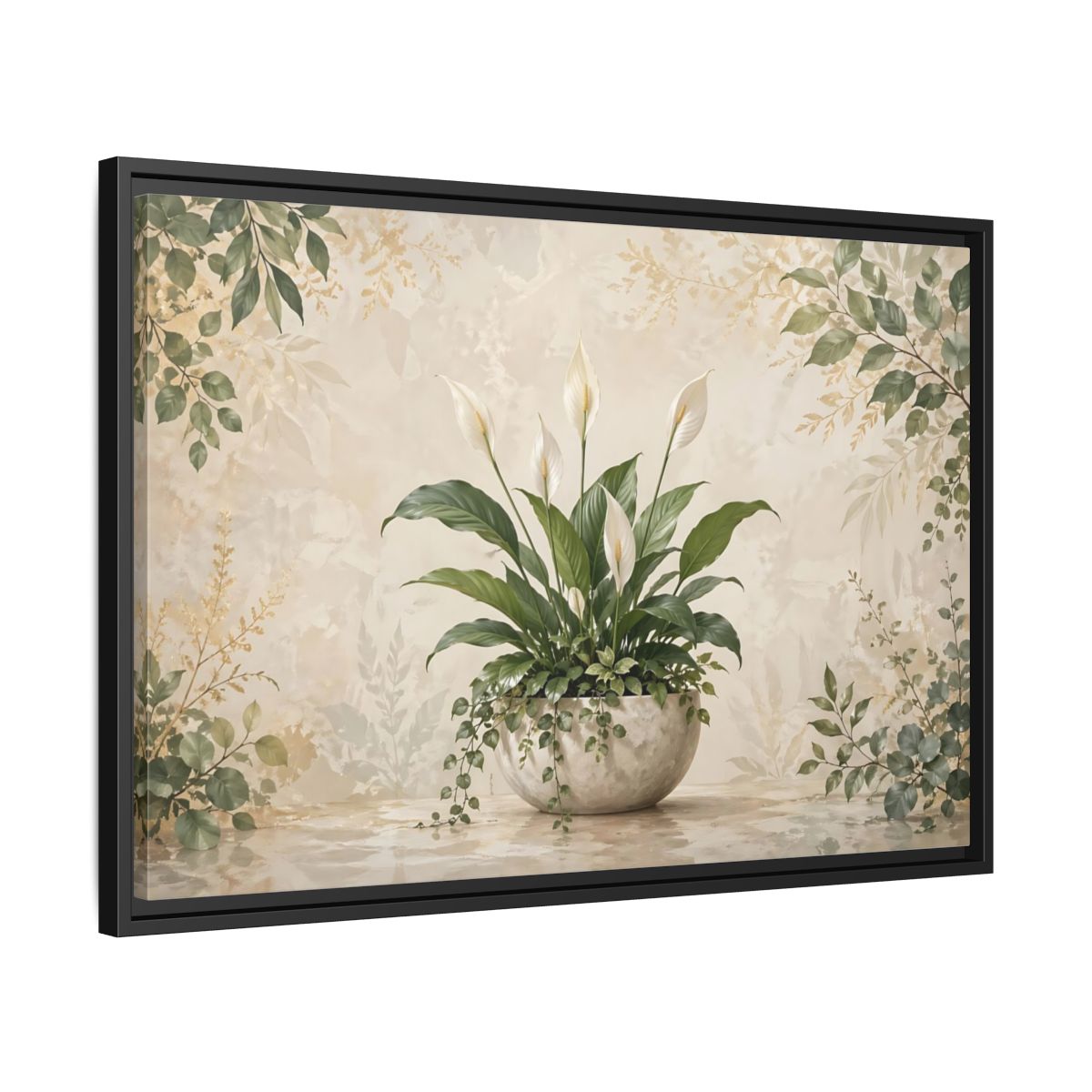 Side Mockup 14. Nature Peace Lily Green And Beige shown as stretched canvas wall art