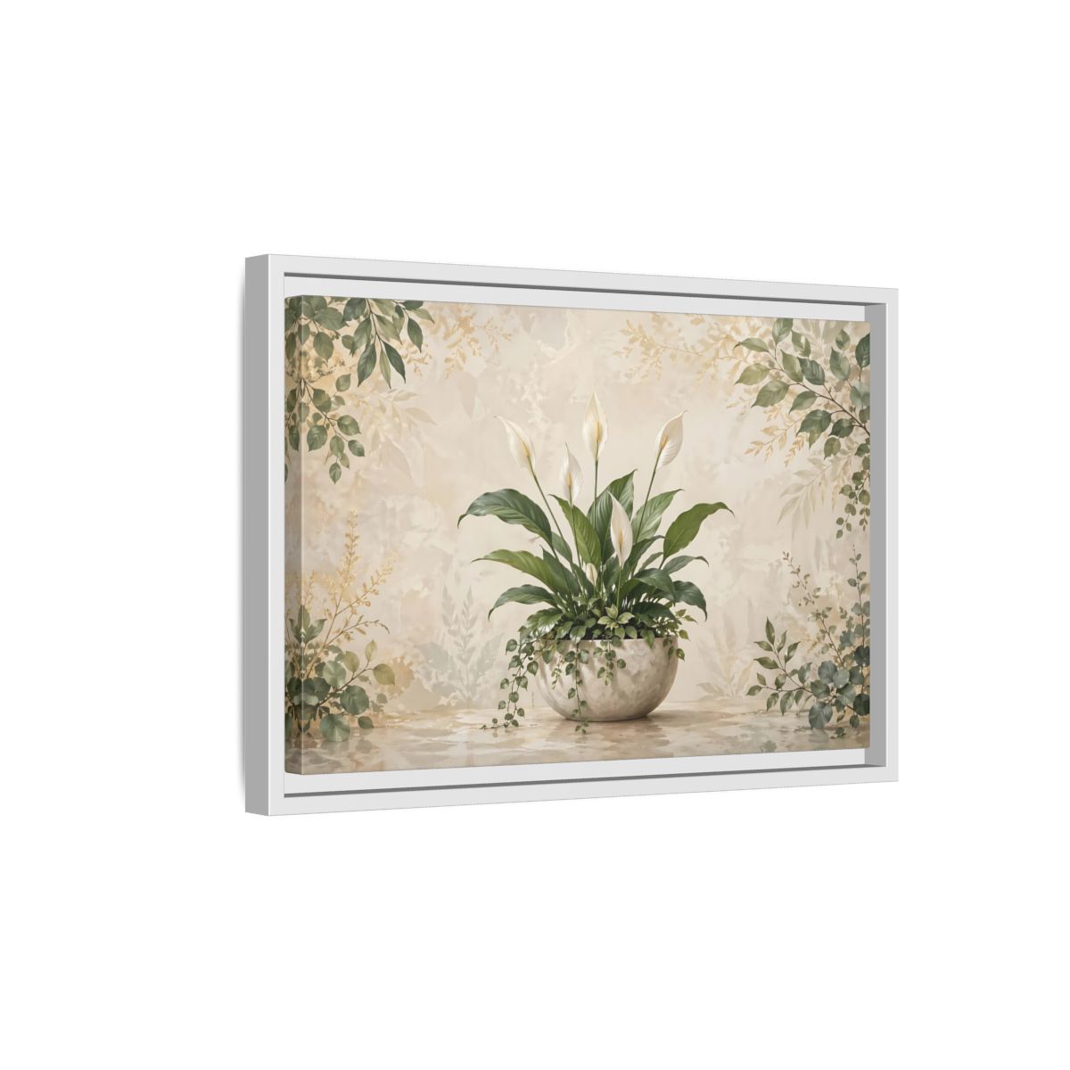 Side Mockup 4. Nature Peace Lily Green And Beige shown as stretched canvas wall art