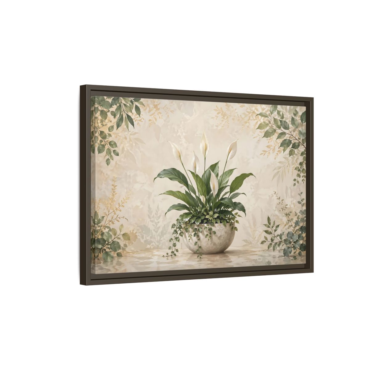 Side Mockup 2. Nature Peace Lily Green And Beige shown as stretched canvas wall art