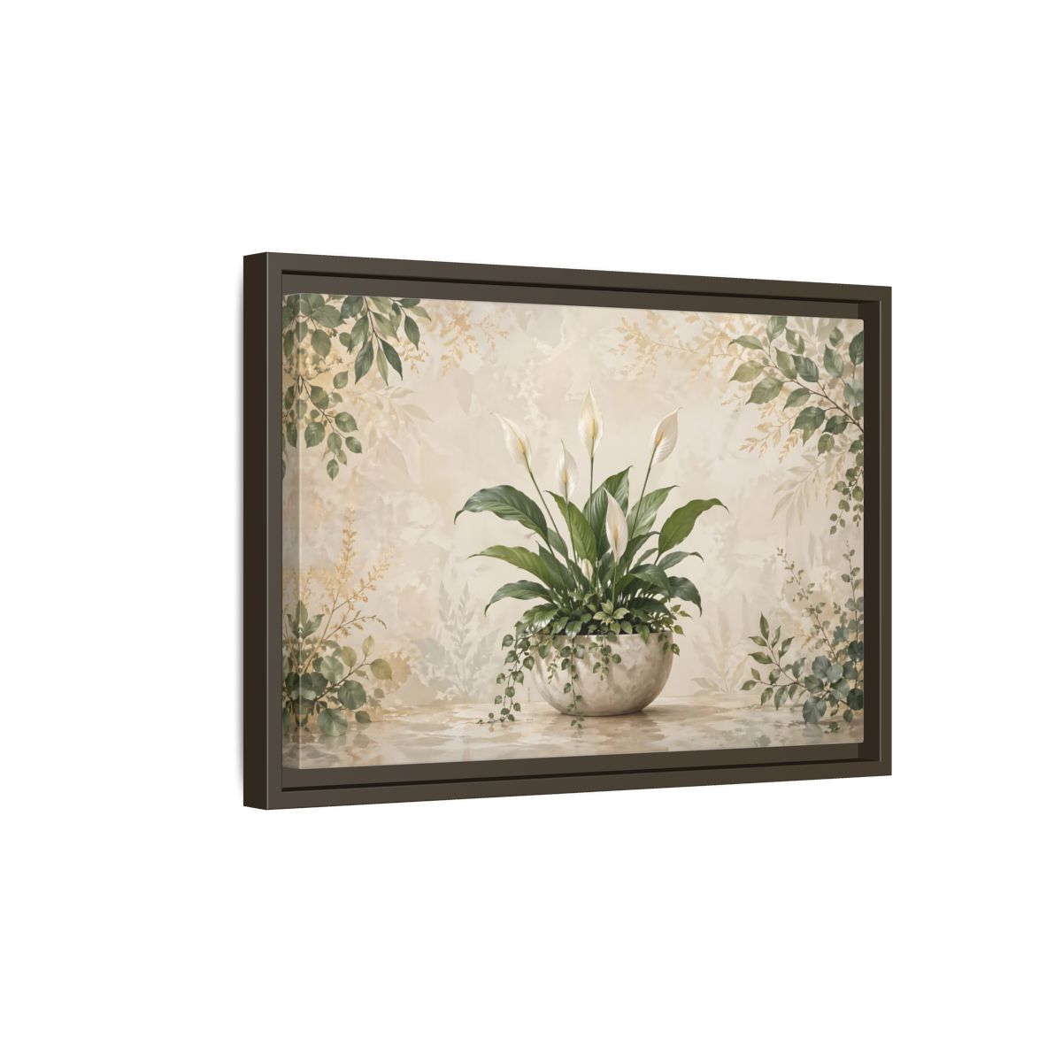 Side Mockup 5. Nature Peace Lily Green And Beige shown as stretched canvas wall art