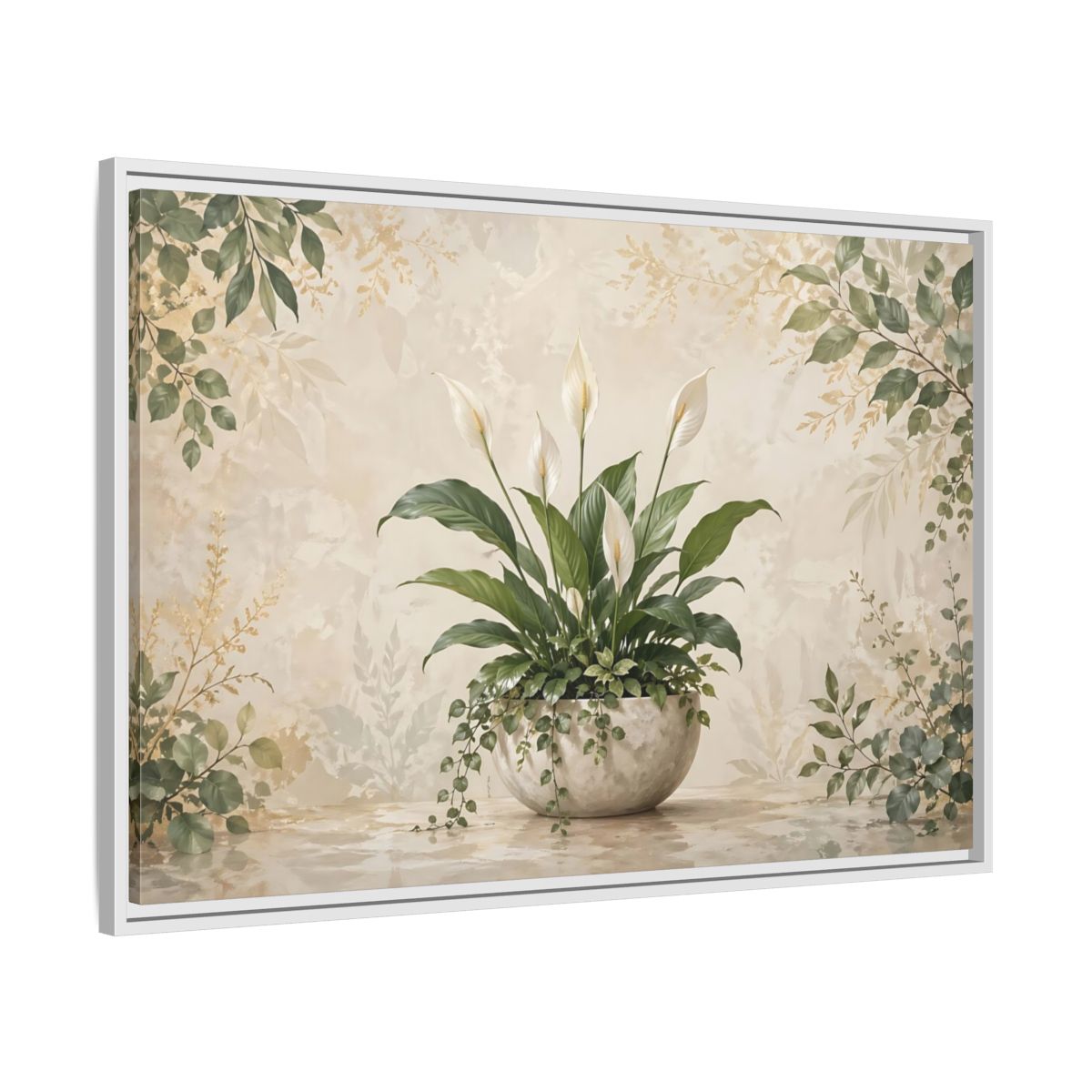 Side Mockup 9. Nature Peace Lily Green And Beige shown as stretched canvas wall art