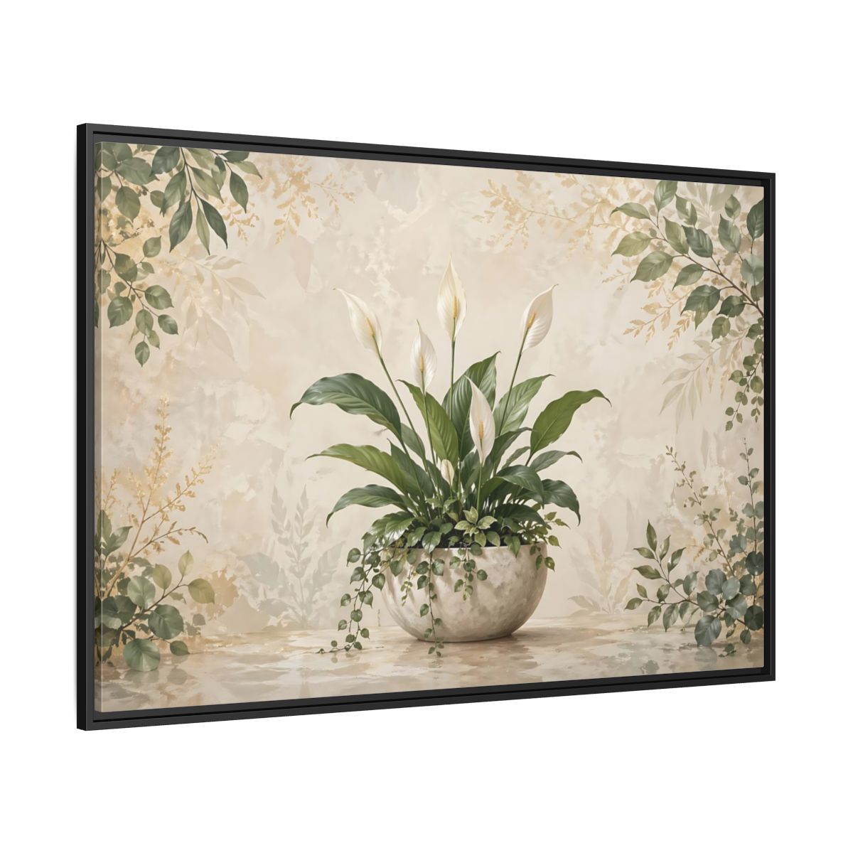 Side Mockup 12. Nature Peace Lily Green And Beige shown as stretched canvas wall art