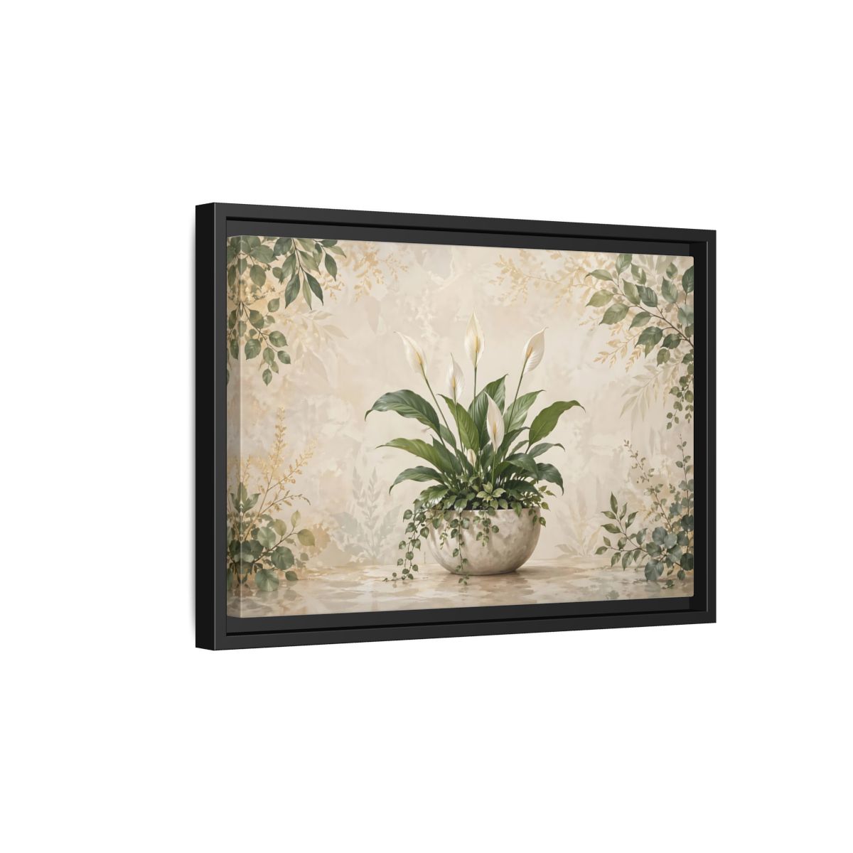 Side Mockup 6. Nature Peace Lily Green And Beige shown as stretched canvas wall art