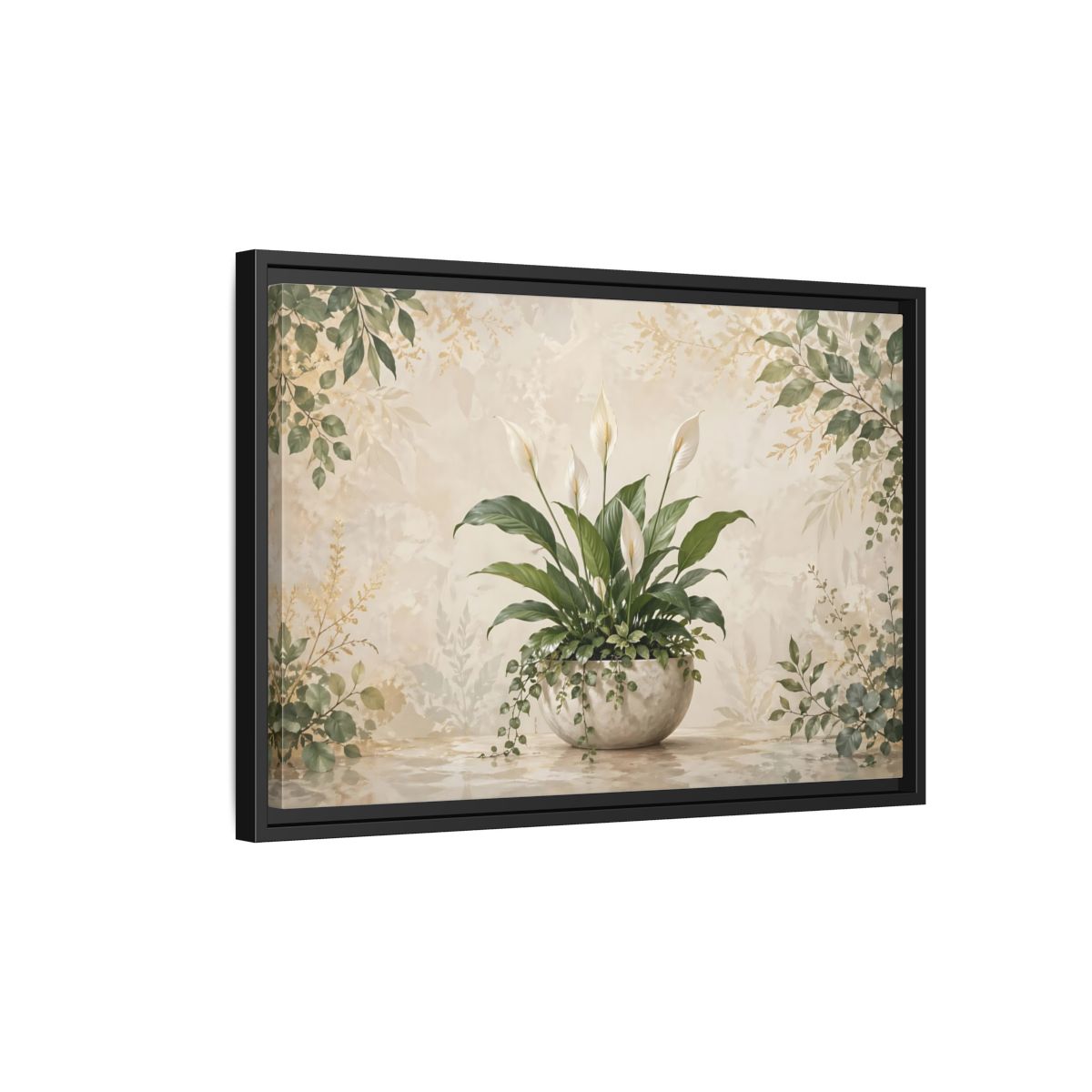 Side Mockup 3. Nature Peace Lily Green And Beige shown as stretched canvas wall art