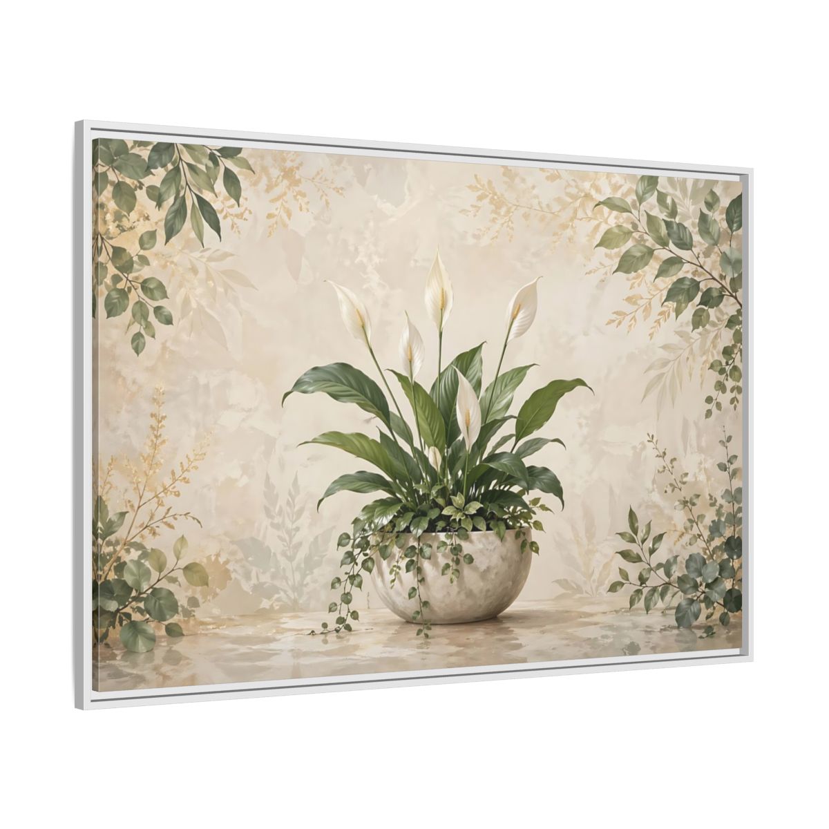 Side Mockup 7. Nature Peace Lily Green And Beige shown as stretched canvas wall art