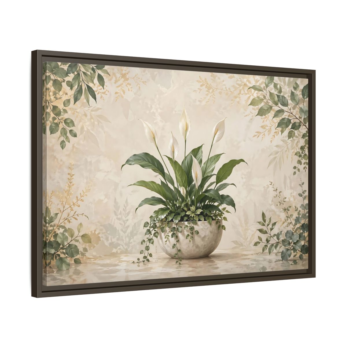 Side Mockup 11. Nature Peace Lily Green And Beige shown as stretched canvas wall art