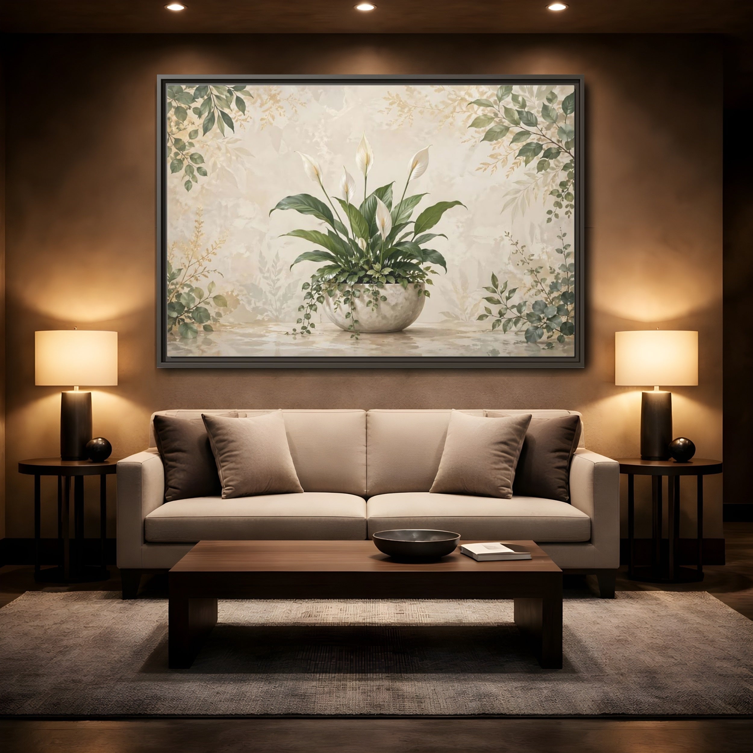 Mockup 2. Nature Peace Lily Green And Beige shown as stretched canvas wall art