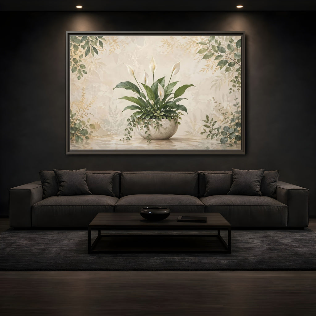 Mockup 3. Nature Peace Lily Green And Beige shown as stretched canvas wall art