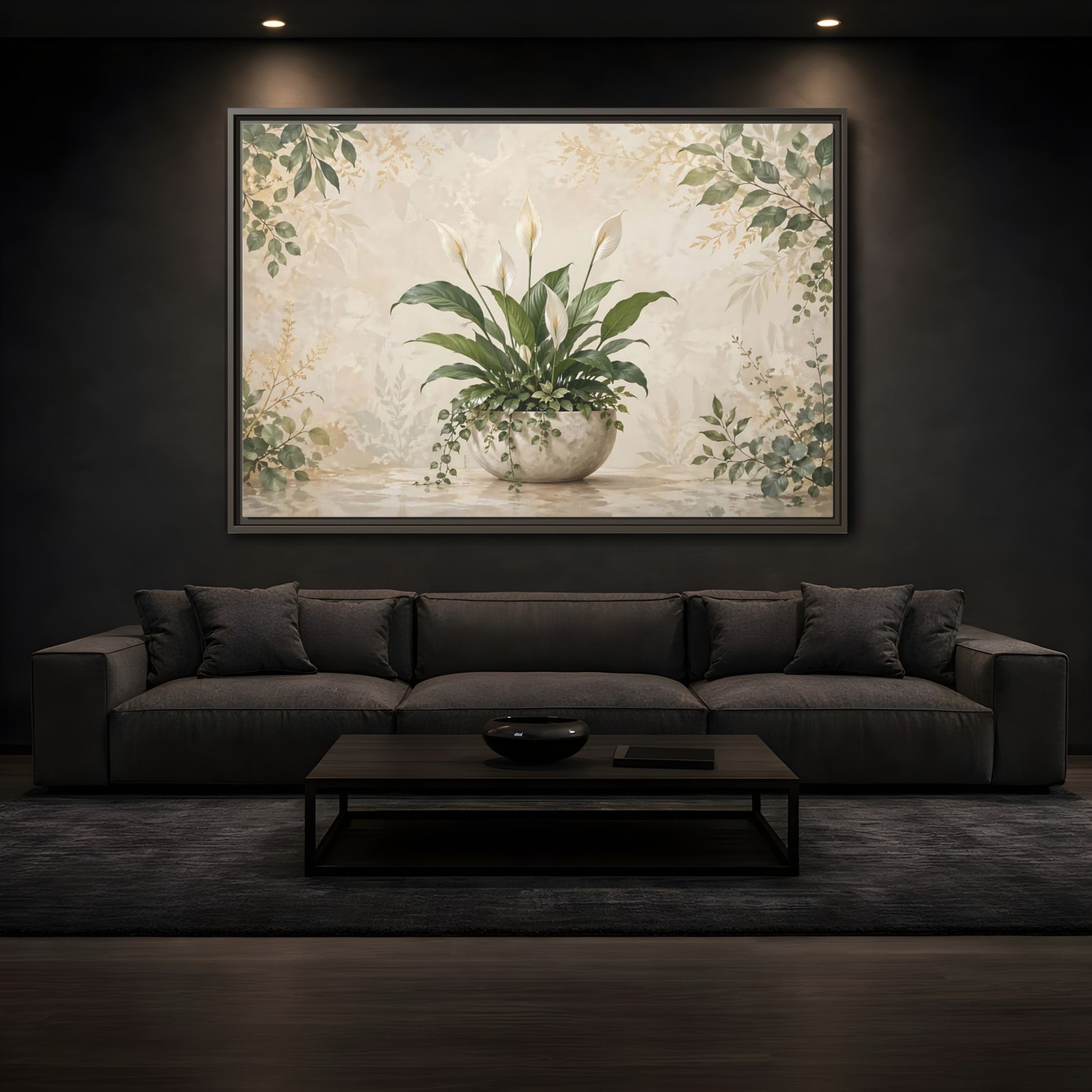 Mockup 3. Nature Peace Lily Green And Beige shown as stretched canvas wall art